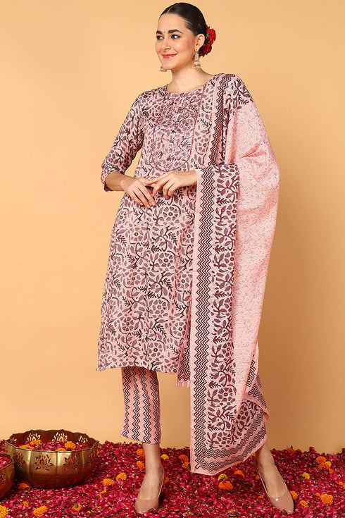 Plus Size Pink Silk Blend Floral Printed Straight Style Suit Set